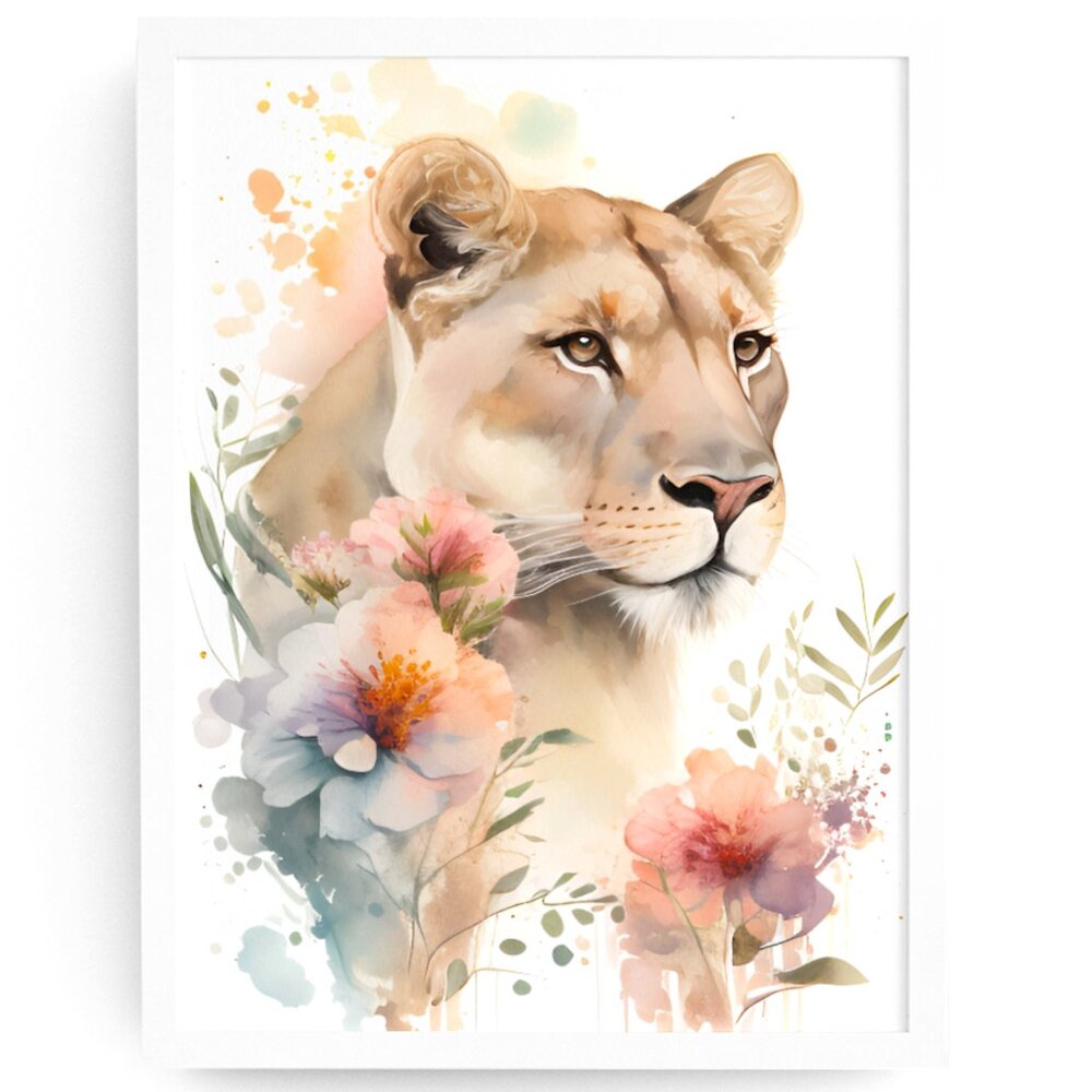 Cute Floral Lioness Watercolor Wall Art Illustration Print Poster Card Unframed
